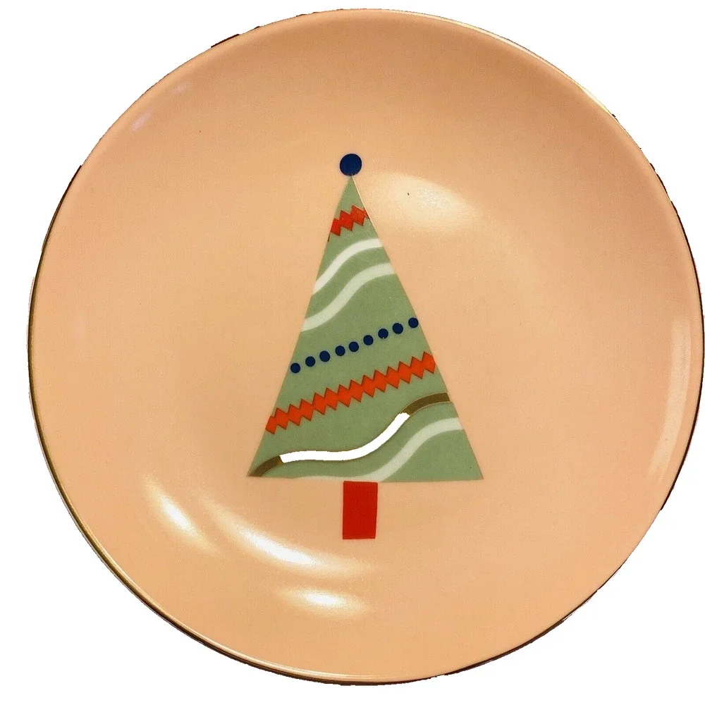 Rare PIER 1 Christmas Tree Plate Set (4) Colorful Holiday Appetizer Canape 6”